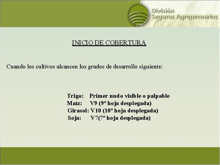 INICIO DE COBERTURA Cuando los cultivos alcancen los grados de desarrollo siguiente: Trigo: Primer