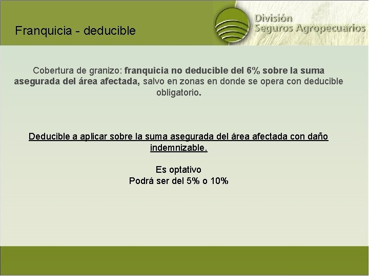 Franquicia - deducible Cobertura de granizo: franquicia no deducible del 6% sobre la suma