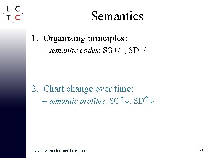 Semantics 1. Organizing principles: – semantic codes: SG+/–, SD+/– 2. Chart change over time: