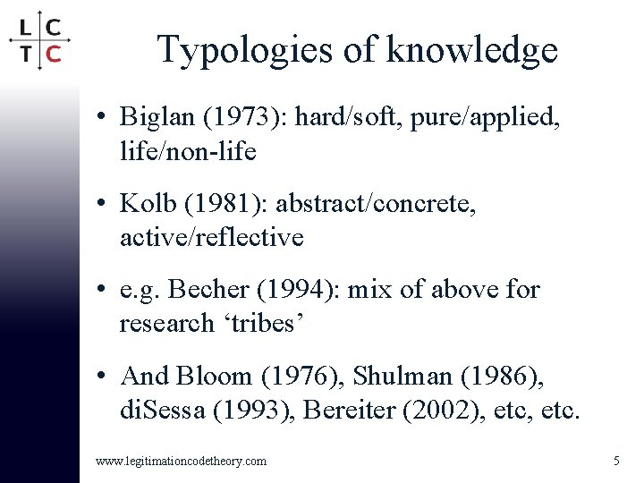 Typologies of knowledge • Biglan (1973): hard/soft, pure/applied, life/non-life • Kolb (1981): abstract/concrete, active/reflective