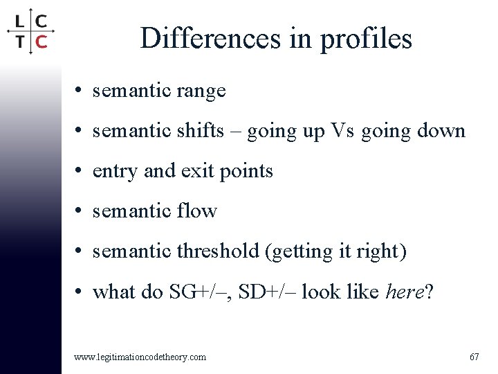 Differences in profiles • semantic range • semantic shifts – going up Vs going