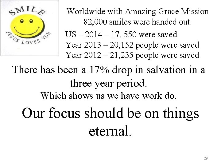 Worldwide with Amazing Grace Mission 82, 000 smiles were handed out. US – 2014 Worldwide with Amazing Grace Mission 82, 000 smiles were handed out. US – 2014