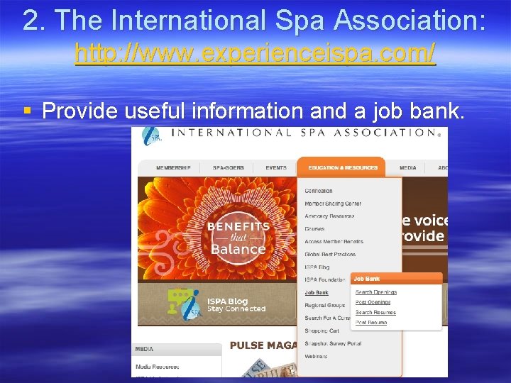 2. The International Spa Association: http: //www. experienceispa. com/ § Provide useful information and