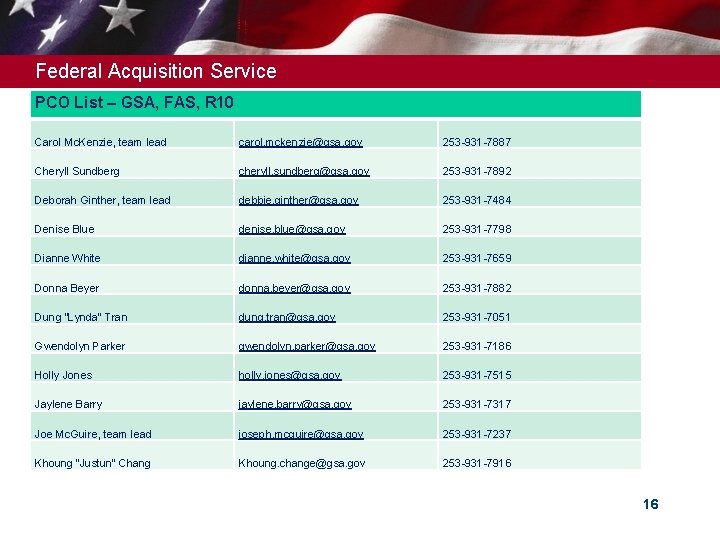 Federal Acquisition Service PCO List – GSA, FAS, R 10 Carol Mc. Kenzie, team Federal Acquisition Service PCO List – GSA, FAS, R 10 Carol Mc. Kenzie, team