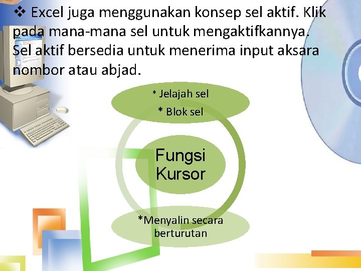 v Excel juga menggunakan konsep sel aktif. Klik pada mana-mana sel untuk mengaktifkannya. Sel