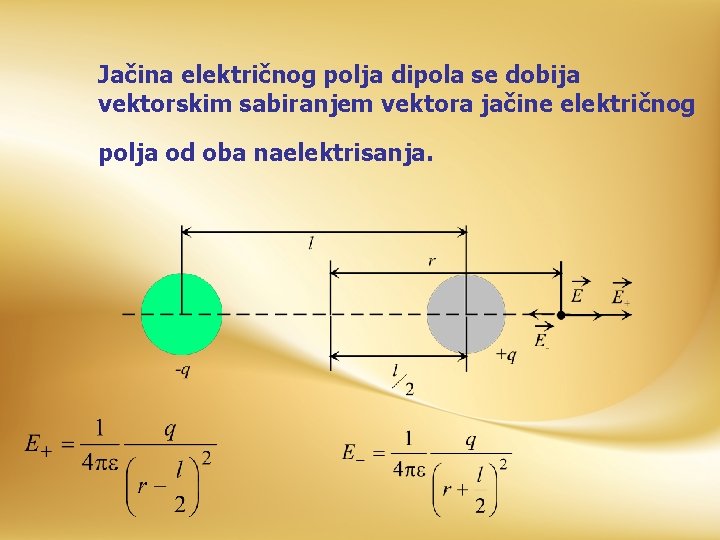 Jačina električnog polja dipola se dobija vektorskim sabiranjem vektora jačine električnog polja od oba