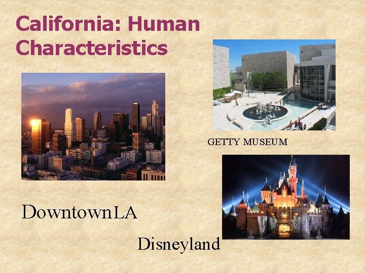 California: Human Characteristics GETTY MUSEUM Downtown LA Disneyland 