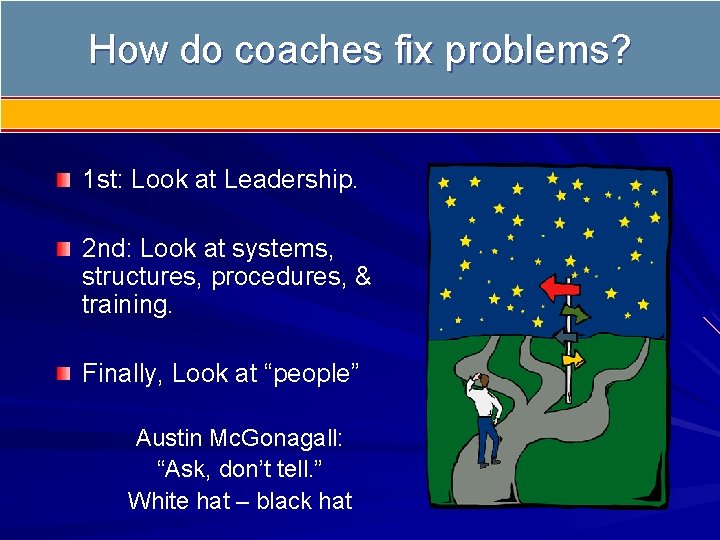 How do coaches fix problems? 1 st: Look at Leadership. 2 nd: Look at