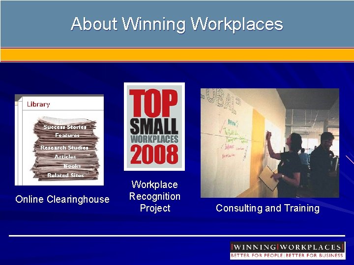 About Winning Workplaces Online Clearinghouse Workplace Recognition Project Consulting and Training 