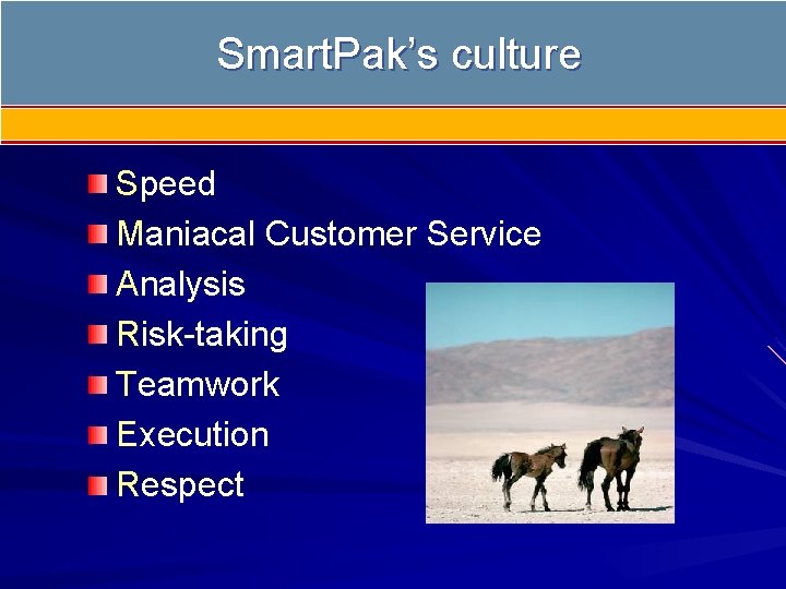 Smart. Pak’s culture Speed Maniacal Customer Service Analysis Risk-taking Teamwork Execution Respect 