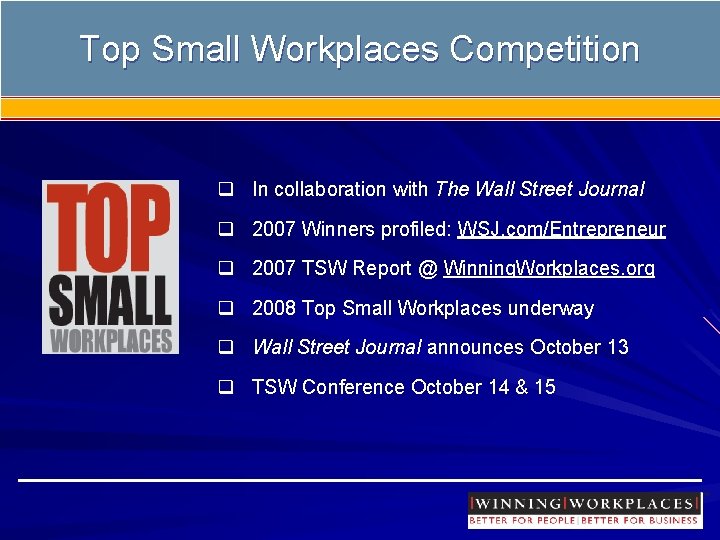 Top Small Workplaces Competition q In collaboration with The Wall Street Journal q 2007