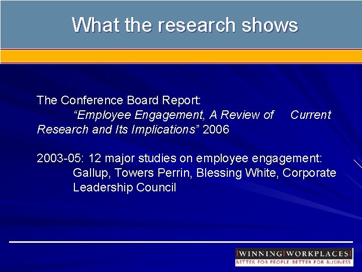 What the research shows The Conference Board Report: “Employee Engagement, A Review of Research