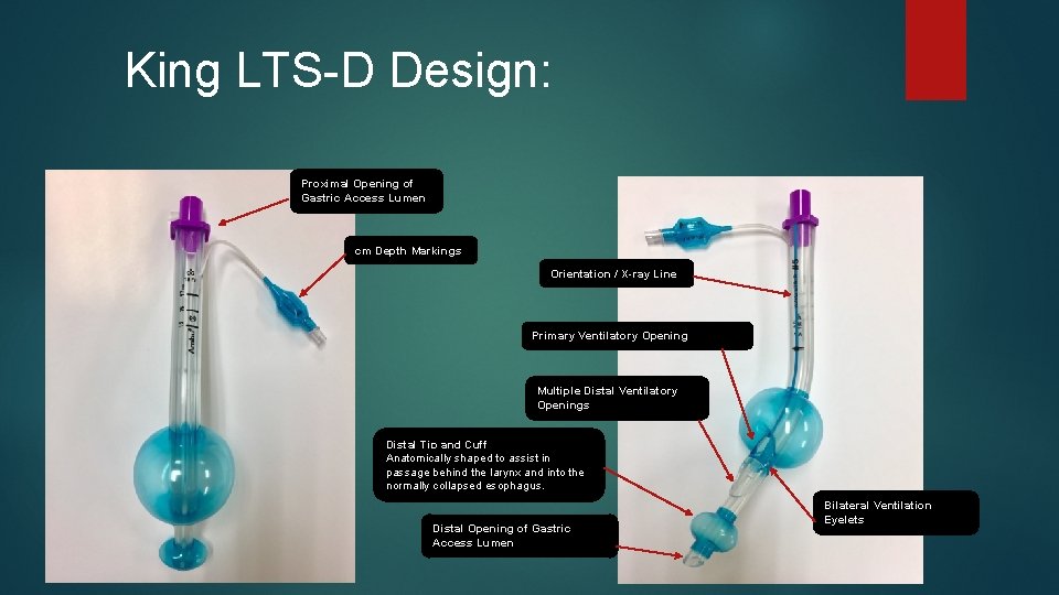 King LTS-D Design: Proximal Opening of Gastric Access Lumen cm Depth Markings Orientation / King LTS-D Design: Proximal Opening of Gastric Access Lumen cm Depth Markings Orientation /