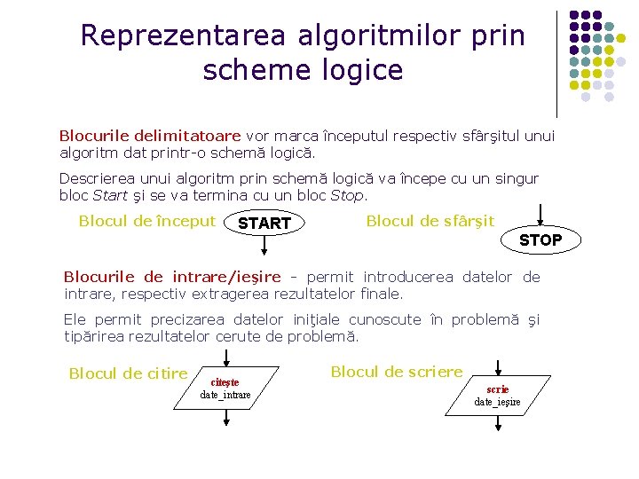 Reprezentarea algoritmilor prin scheme logice Blocurile delimitatoare vor marca începutul respectiv sfârşitul unui algoritm