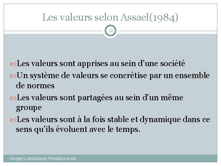 Les valeurs selon Assael(1984) 12 Les valeurs sont apprises au sein d’une société Un