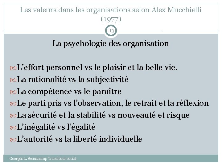 Les valeurs dans les organisations selon Alex Mucchielli (1977) 13 La psychologie des organisation