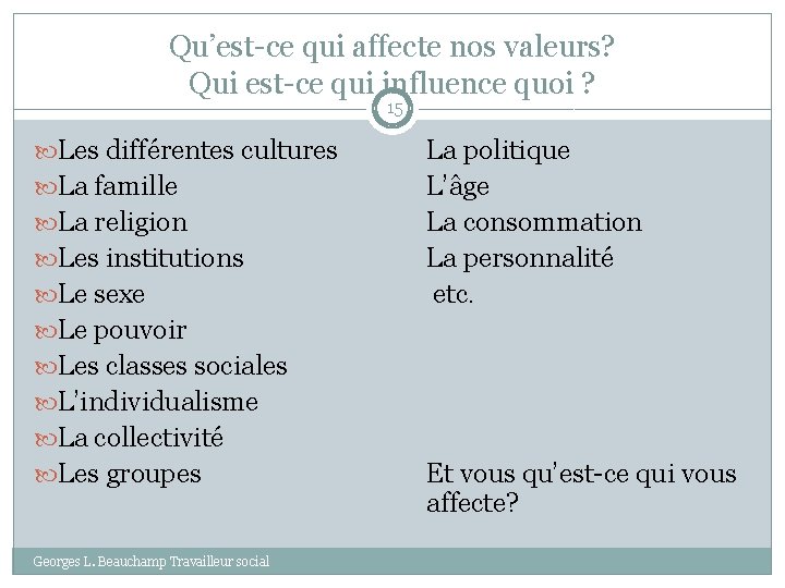 Qu’est-ce qui affecte nos valeurs? Qui est-ce qui influence quoi ? 15 Les différentes