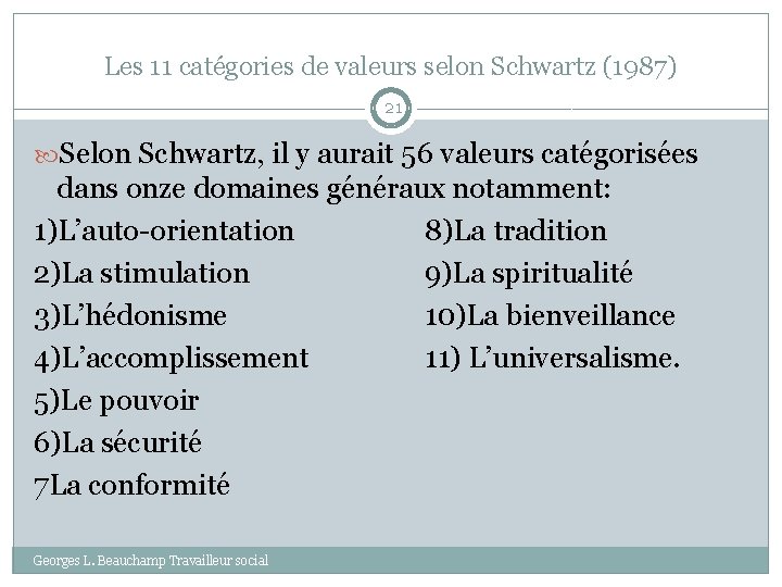 Les 11 catégories de valeurs selon Schwartz (1987) 21 Selon Schwartz, il y aurait