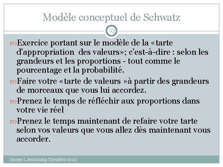 Modèle conceptuel de Schwatz 23 Exercice portant sur le modèle de la «tarte d’appropriation