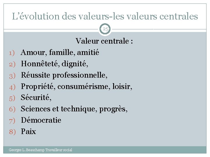 L’évolution des valeurs-les valeurs centrales 25 1) 2) 3) 4) 5) 6) 7) 8)