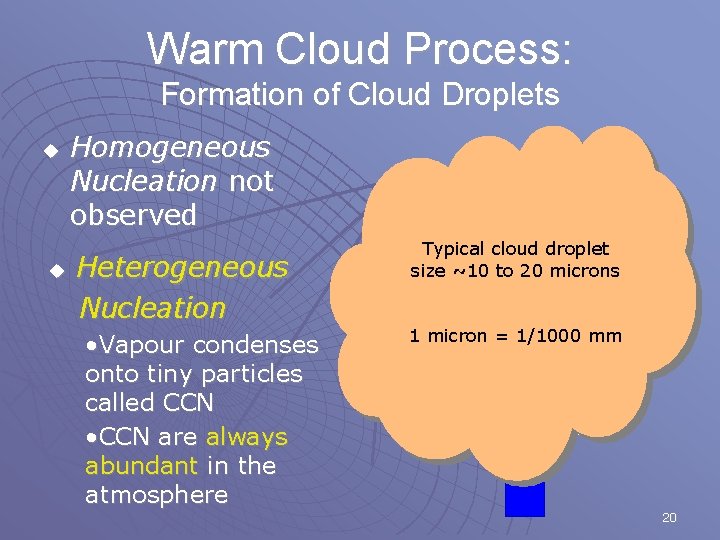 Warm Cloud Process: Formation of Cloud Droplets u u Homogeneous Nucleation not observed Heterogeneous