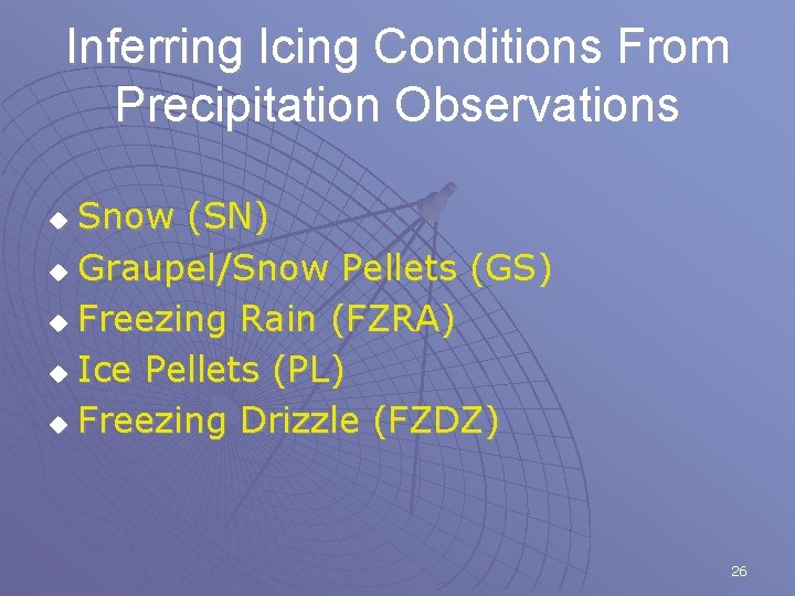 Inferring Icing Conditions From Precipitation Observations Snow (SN) u Graupel/Snow Pellets (GS) u Freezing