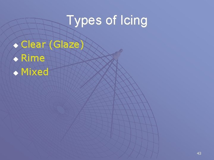 Types of Icing Clear (Glaze) u Rime u Mixed u 43 
