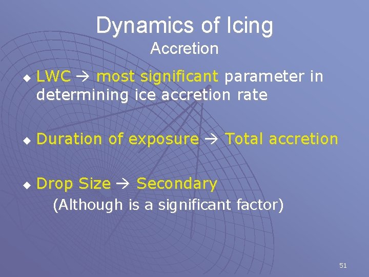 Dynamics of Icing Accretion u LWC most significant parameter in determining ice accretion rate