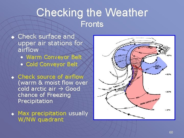 Checking the Weather Fronts u Check surface and upper air stations for airflow •