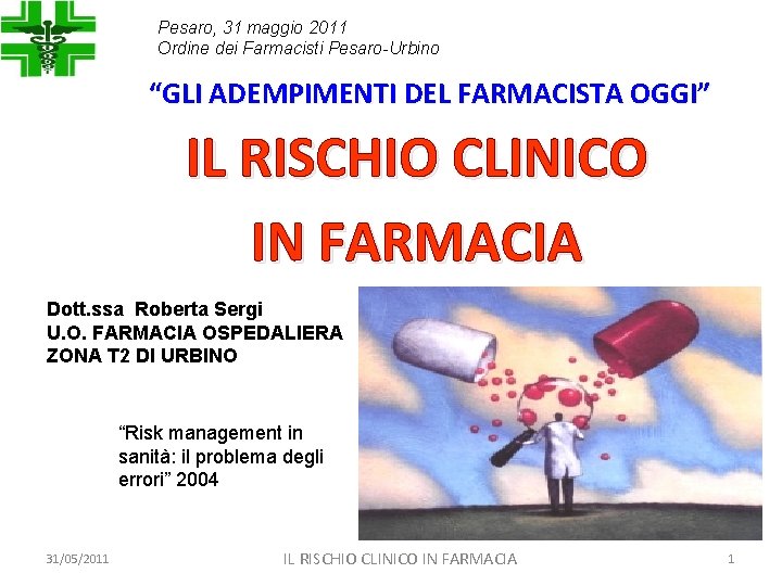 Pesaro, 31 maggio 2011 Ordine dei Farmacisti Pesaro-Urbino “GLI ADEMPIMENTI DEL FARMACISTA OGGI” IL