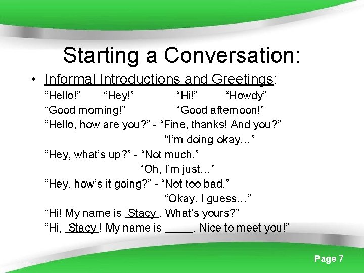 Short Introduction Conversations Daily Communication Fall 2009 With Miss Voortman Week