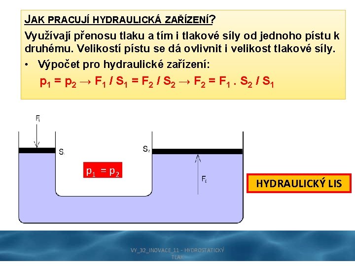 JAK PRACUJÍ HYDRAULICKÁ ZAŘÍZENÍ? Využívají přenosu tlaku a tím i tlakové síly od jednoho