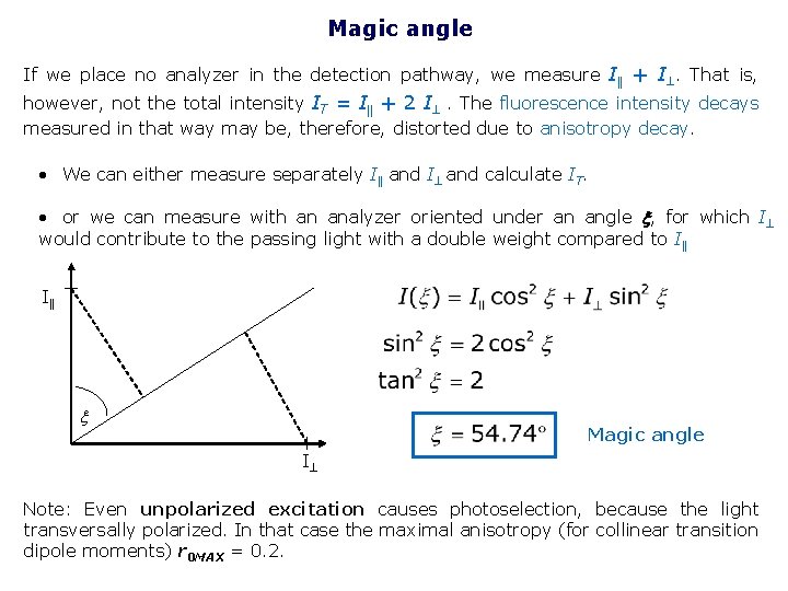 Magic angle If we place no analyzer in the detection pathway, we measure I