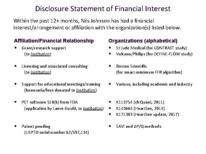 Disclosure Statement of Financial Interest Within the past 12+ months, Nils Johnson has had