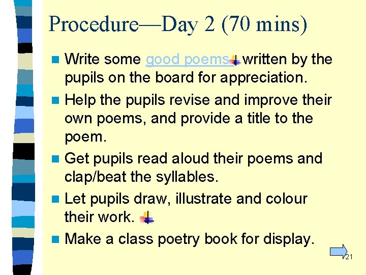 Procedure—Day 2 (70 mins) Write some good poems written by the pupils on the Procedure—Day 2 (70 mins) Write some good poems written by the pupils on the