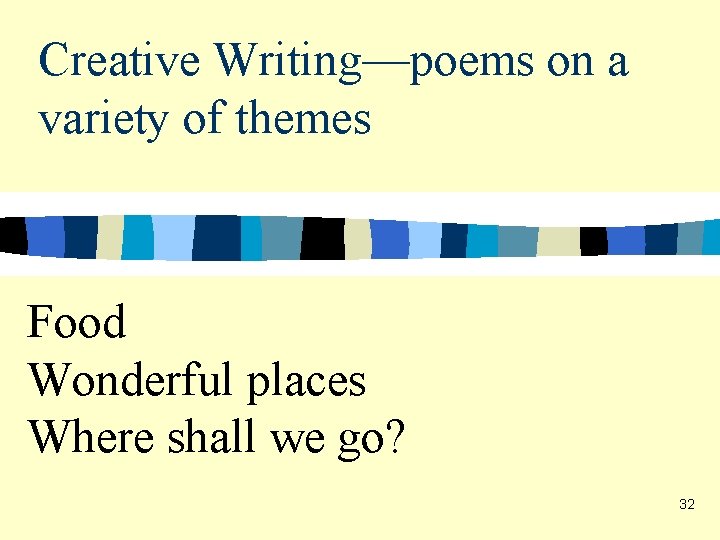 Creative Writing—poems on a variety of themes Food Wonderful places Where shall we go? Creative Writing—poems on a variety of themes Food Wonderful places Where shall we go?