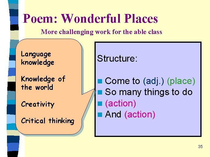 Poem: Wonderful Places More challenging work for the able class Language knowledge Knowledge of Poem: Wonderful Places More challenging work for the able class Language knowledge Knowledge of
