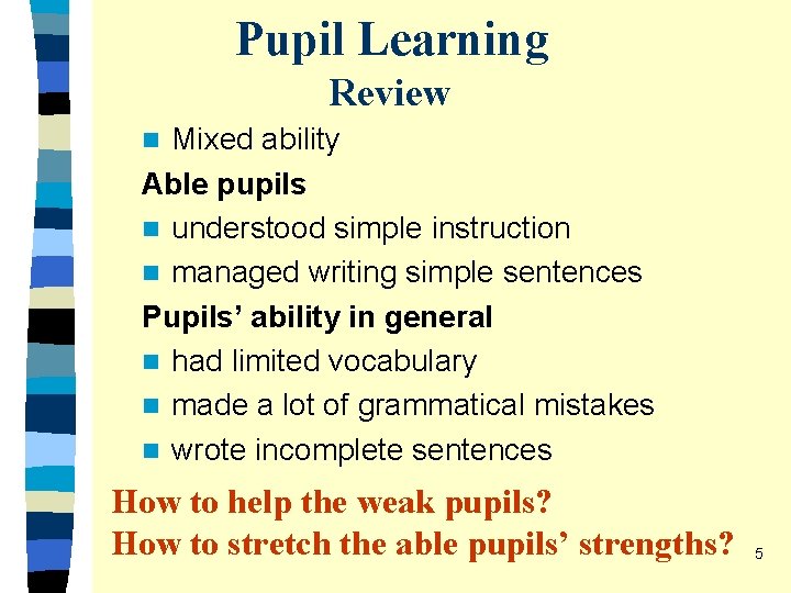 Pupil Learning Review Mixed ability Able pupils n understood simple instruction n managed writing Pupil Learning Review Mixed ability Able pupils n understood simple instruction n managed writing