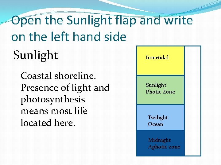 Open the Sunlight flap and write on the left hand side Sunlight Coastal shoreline.