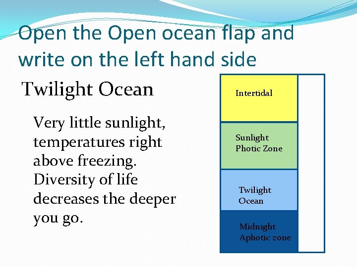 Open the Open ocean flap and write on the left hand side Twilight Ocean
