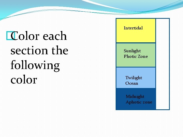 � Color each section the following color Intertidal Sunlight Photic Zone Twilight Ocean Midnight