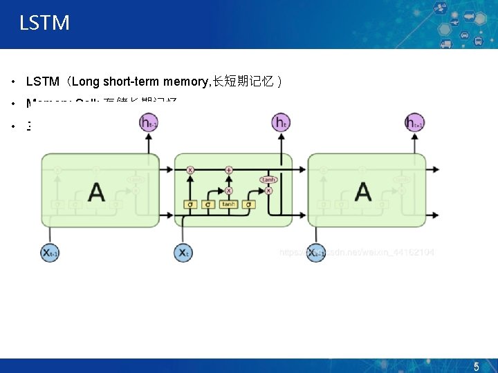 LSTM • LSTM（Long short-term memory, 长短期记忆） • Memory Cell: 存储长期记忆 • 三重门：gate unit 控制信息流动