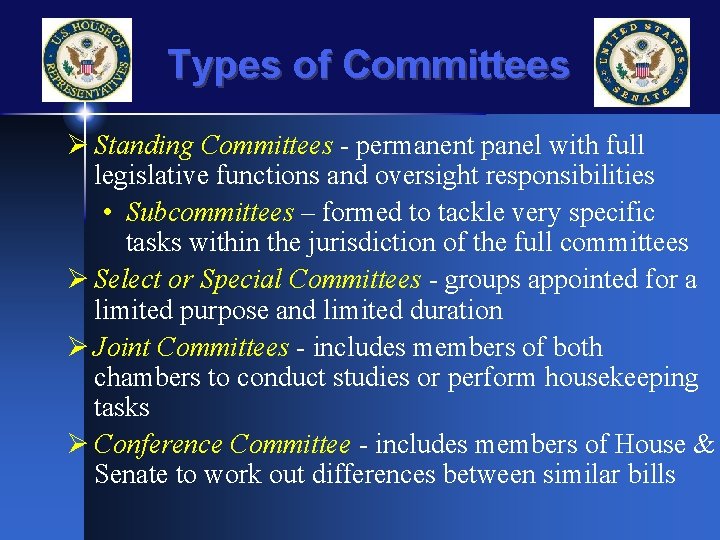 Types of Committees Ø Standing Committees - permanent panel with full legislative functions and