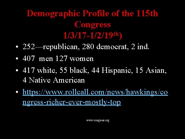 Demographic Profile of the 115 th Congress 1/3/17 -1/2/19 th) • 252—republican, 280 democrat,