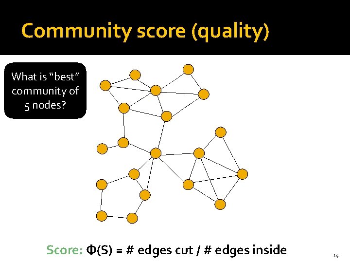 Community score (quality) What is “best” community of 5 nodes? Score: Φ(S) = #