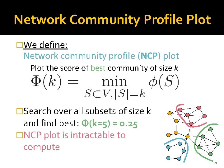 Network Community Profile Plot �We define: Network community profile (NCP) plot Plot the score