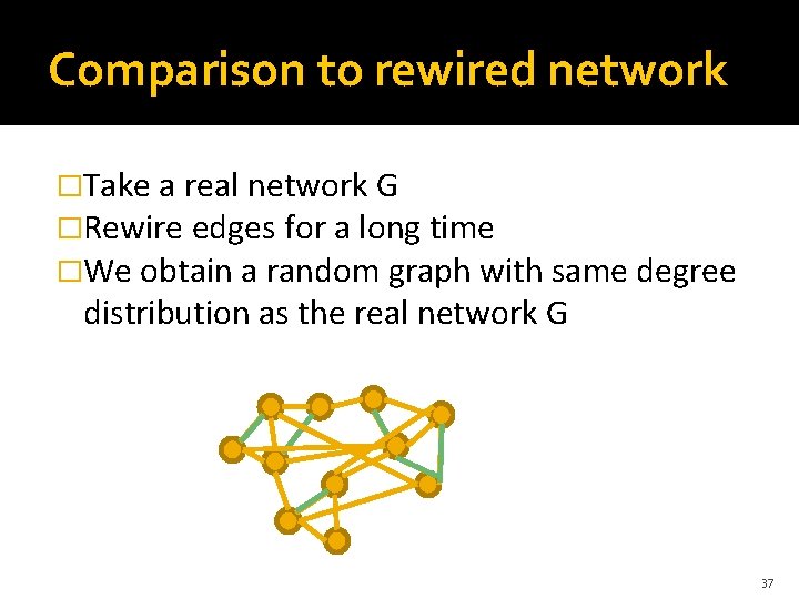 Comparison to rewired network �Take a real network G �Rewire edges for a long