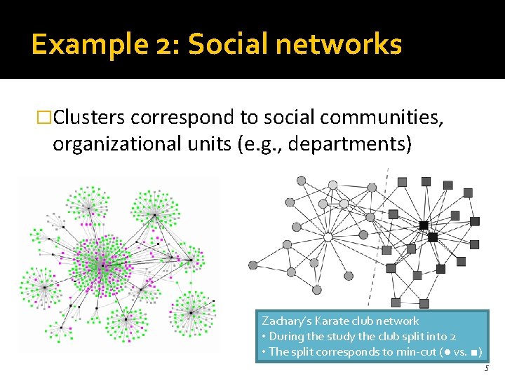 Example 2: Social networks �Clusters correspond to social communities, organizational units (e. g. ,