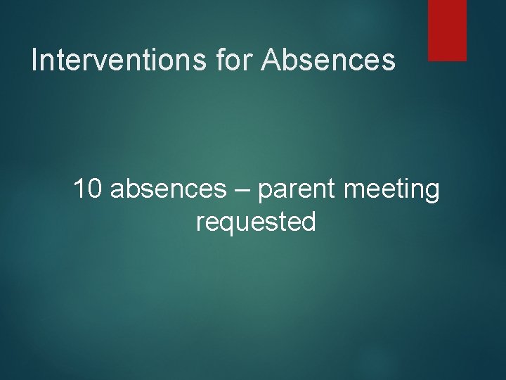 Interventions for Absences 10 absences – parent meeting requested 