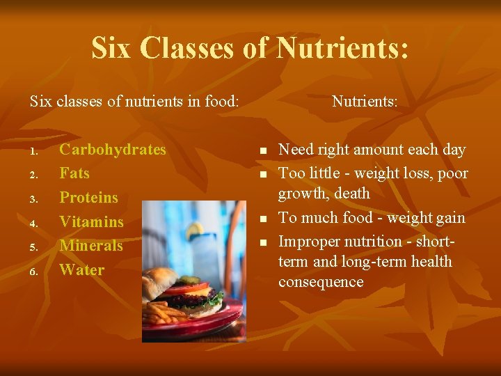 Six Classes of Nutrients: Six classes of nutrients in food: 1. 2. 3. 4. Six Classes of Nutrients: Six classes of nutrients in food: 1. 2. 3. 4.
